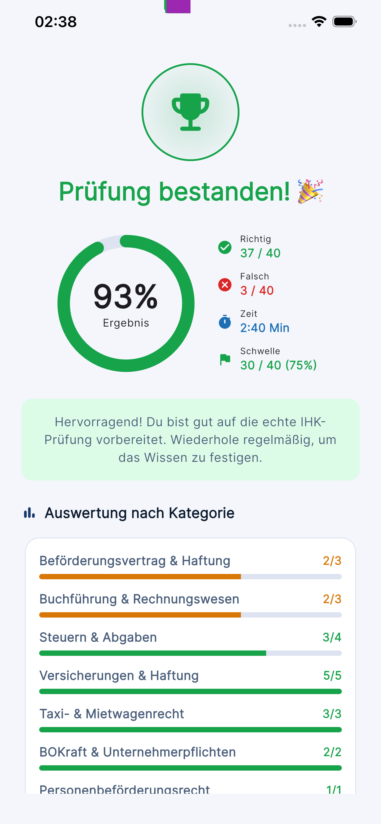 Ergebnis der Prüfungssimulation